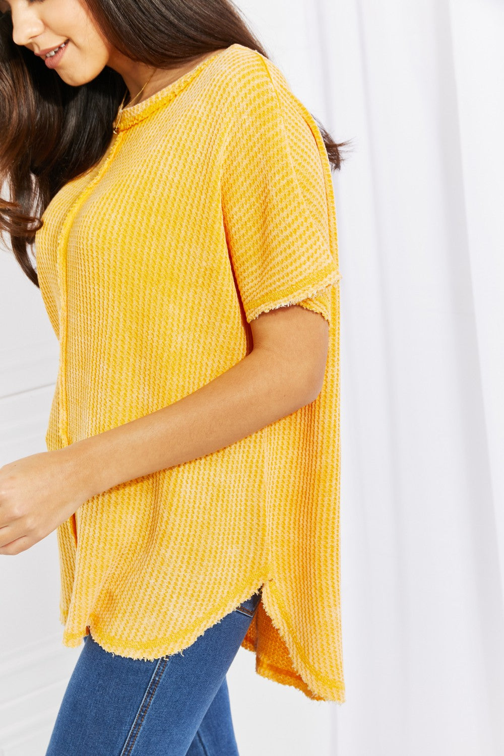 Zenana Start Small Washed Waffle Knit Top in Yellow Gold apparel & accessories