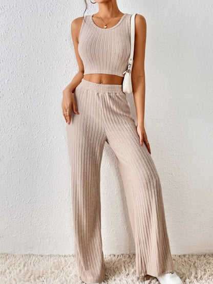 Ribbed Round Neck Tank and Pants Sweater Set apparel & accessories