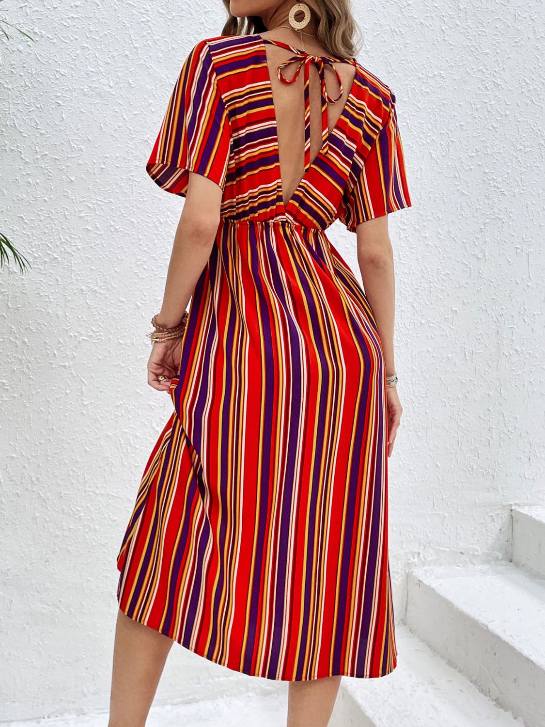 Slit Striped V-Neck Short Sleeve Midi Dress Dresses & Tops