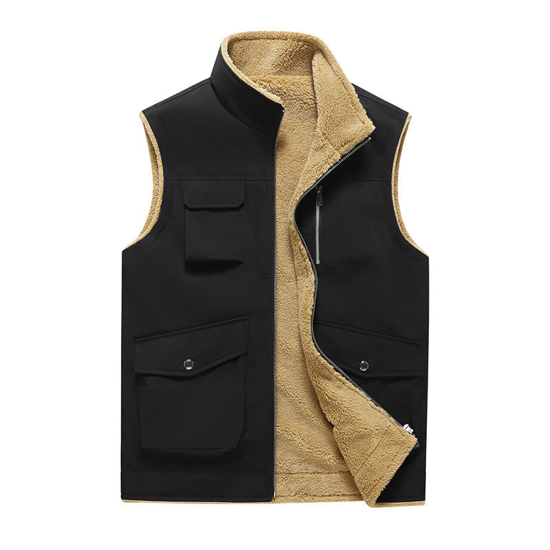 Multi-Pocket Workwear Vest Stand Collar Thin Velvet Vest apparels & accessories