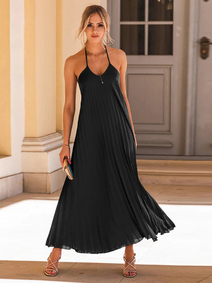 Pleated Halter Neck Sleeveless Dress 