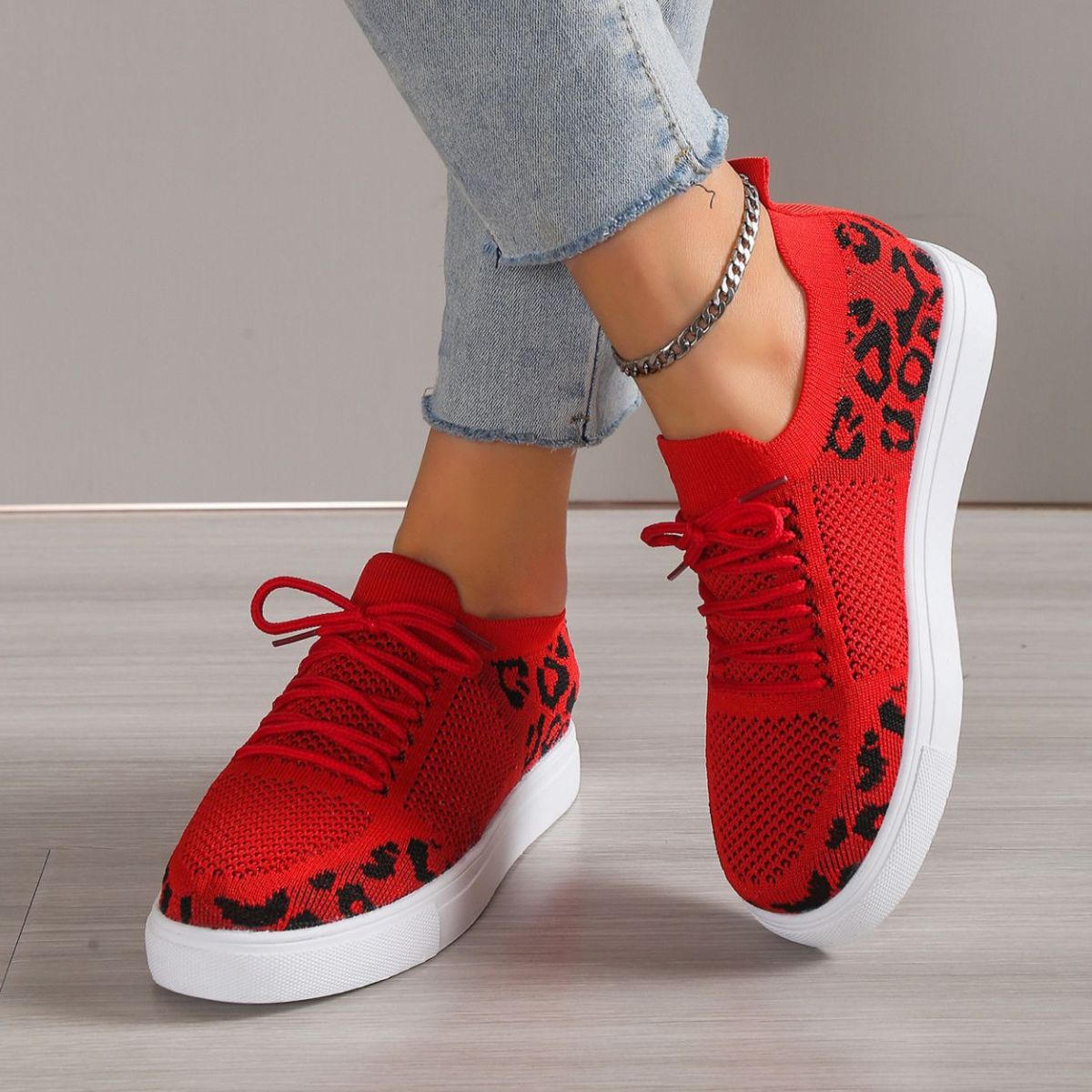 Lace-Up Leopard Flat Sneakers Shoes & Bags