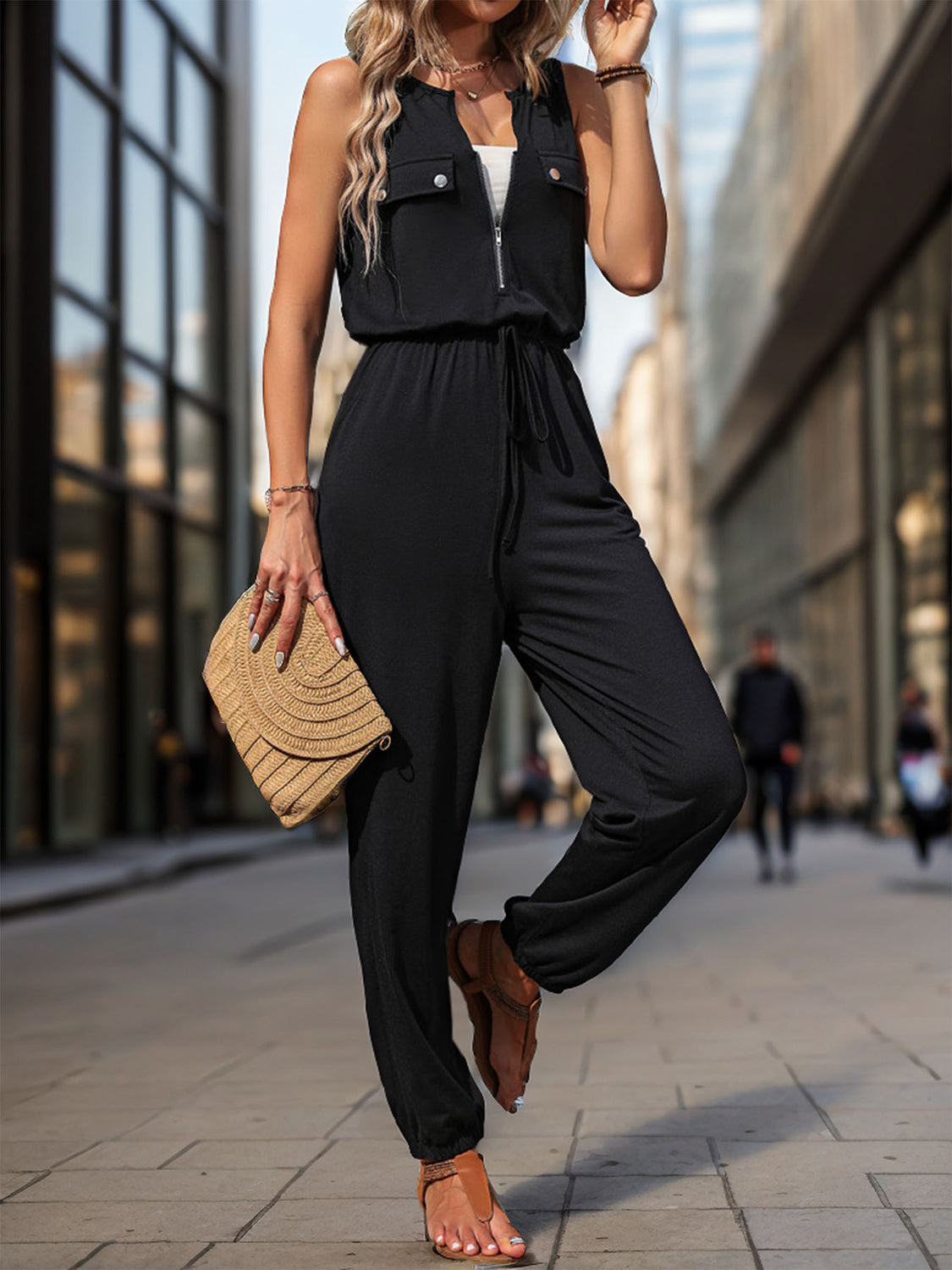 Half Zip Sleeveless Jumpsuit with Pockets apparel & accessories