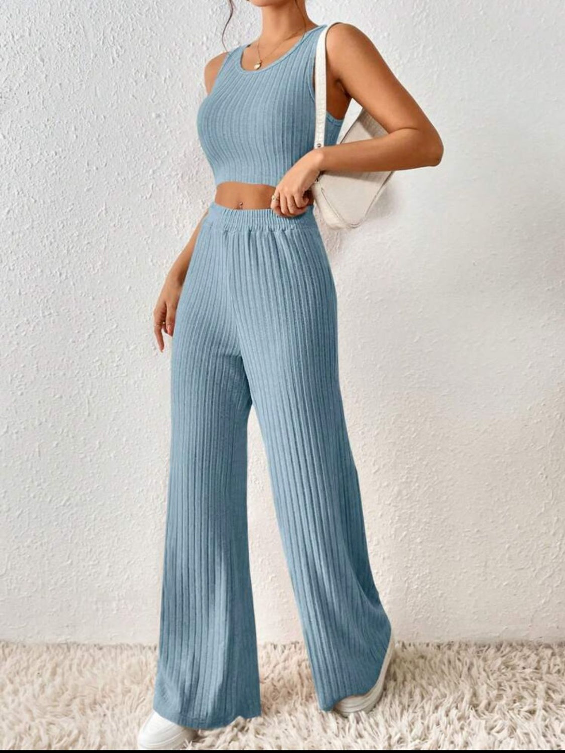 Ribbed Round Neck Tank and Pants Sweater Set apparel & accessories