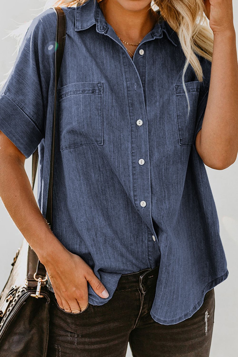 Pocketed Button Up Short Sleeve Denim Shirt apparel & accessories