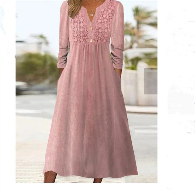 Women's Solid Color Loose Lace V-neck Casual Long Sleeve Mid-length Dress apparel & accessories