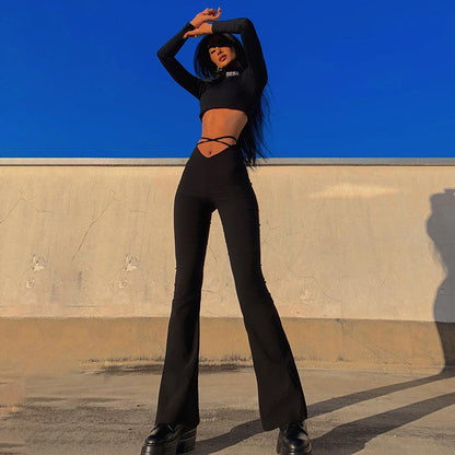 V-waist Cropped Crisscross Strap Flared Track Pants apparels & accessories