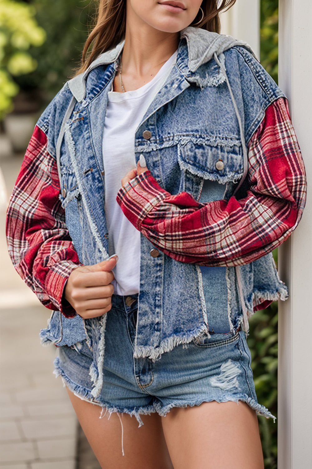 Raw Hem Drawstring Plaid Denim Jacket Dresses & Tops