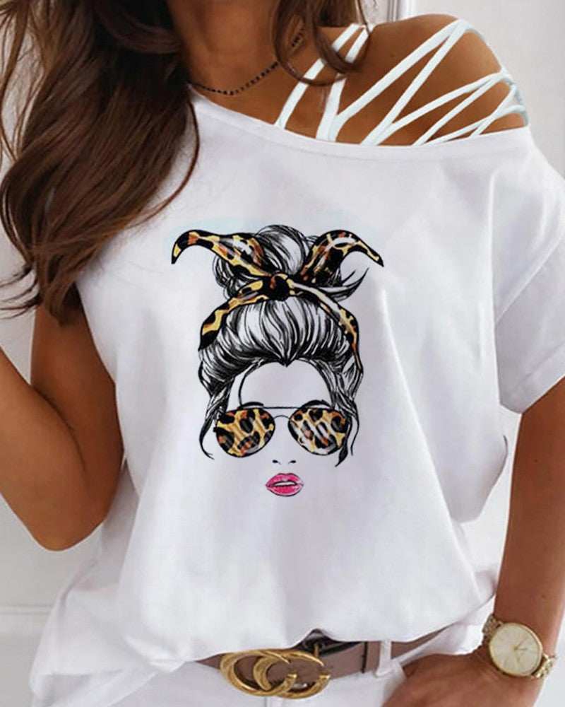 Summer New Women's Off-Shoulder Printed T-Shirt Top apparel & accessories