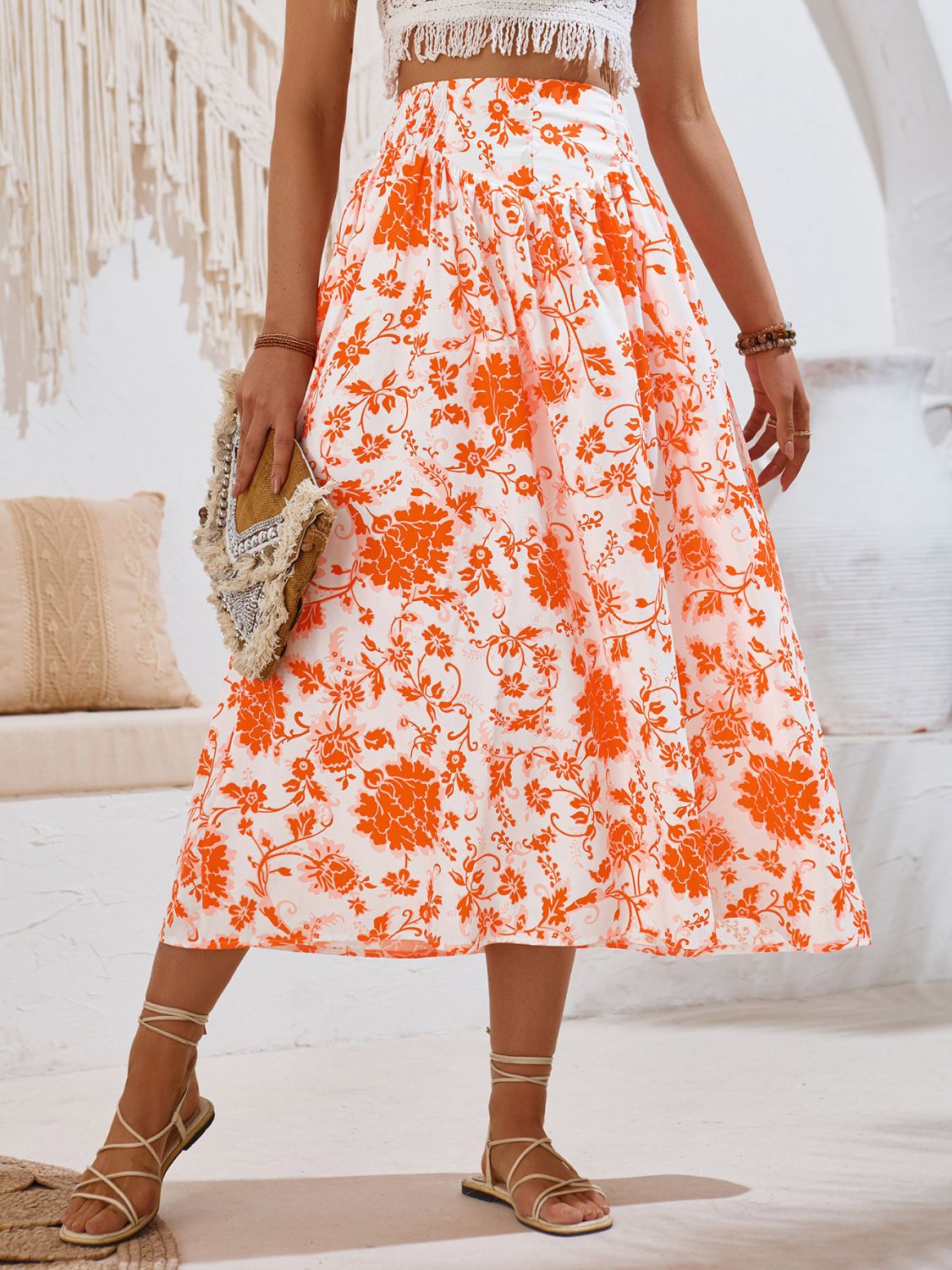 Printed Elastic Waist Midi Skirt Bottom wear