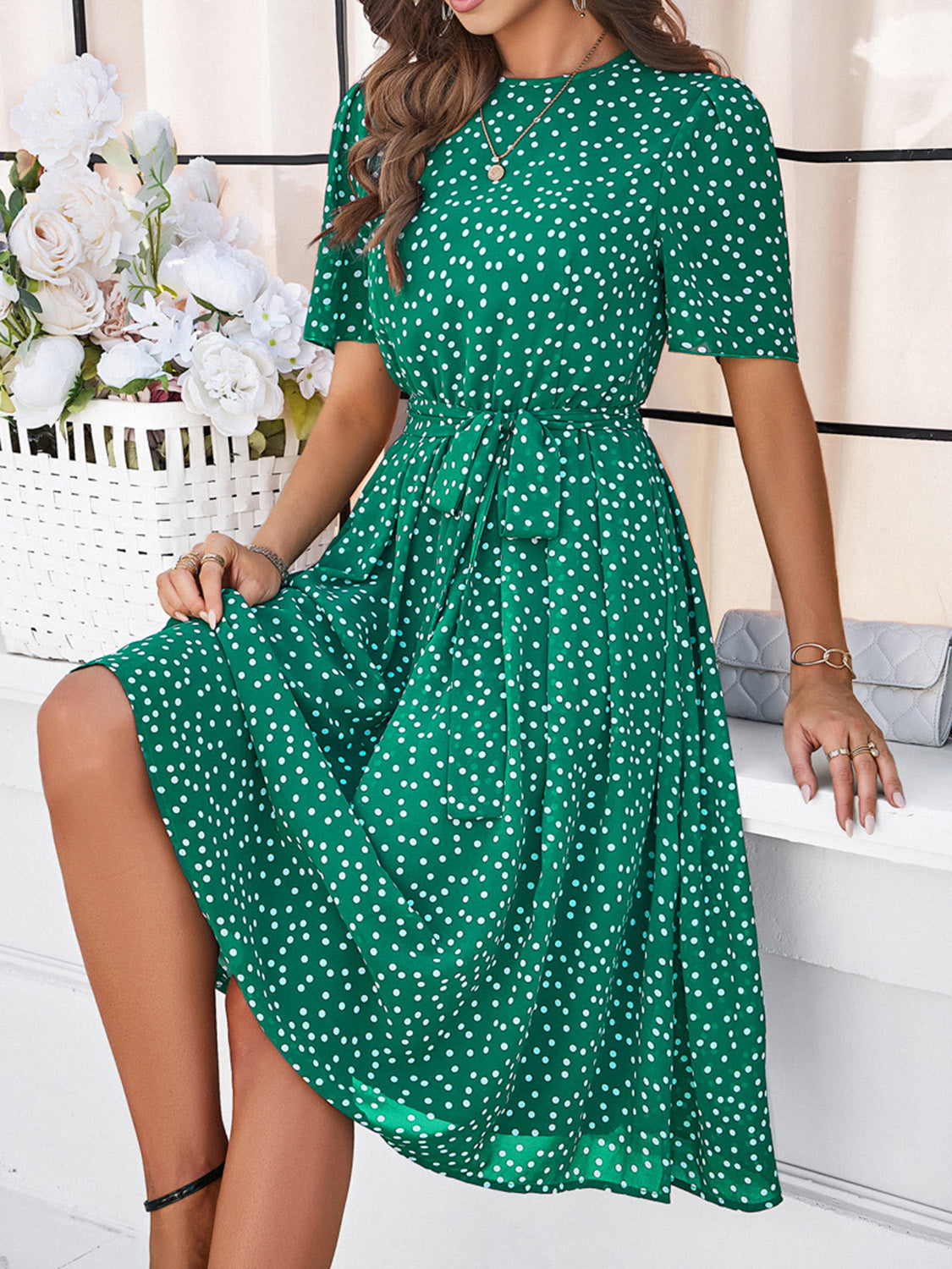 Printed Round Neck Short Sleeve Dress Dresses & Tops