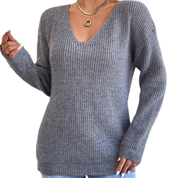 Lace Backless V-neck Pullover Long Sleeve Sweater apparels & accessories