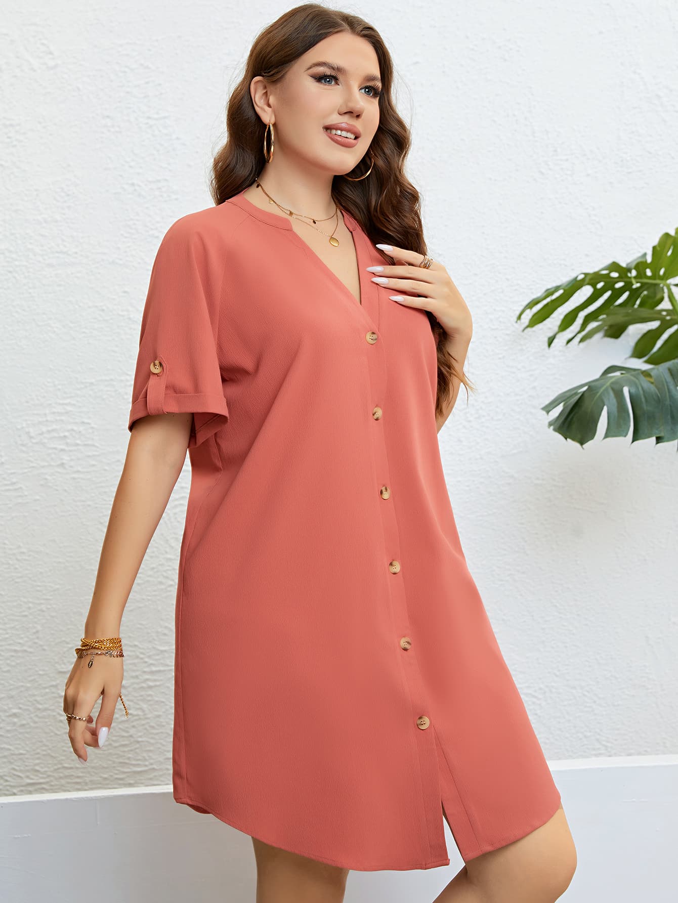 Plus Size Buttoned Notched Neck Shift Dress apparel & accessories