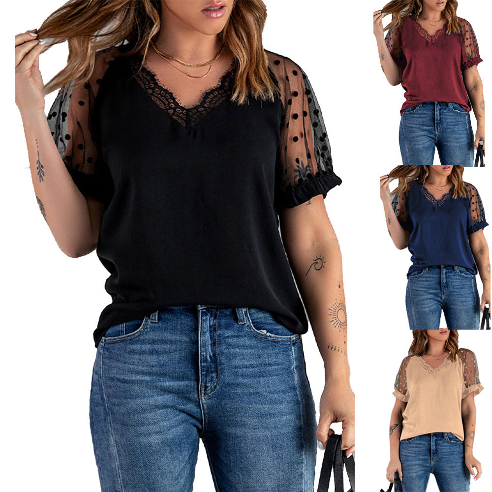 Lace Short Sleeve Top Ladies Slim Fit V-Neck Pullover T-Shirt apparels & accessories