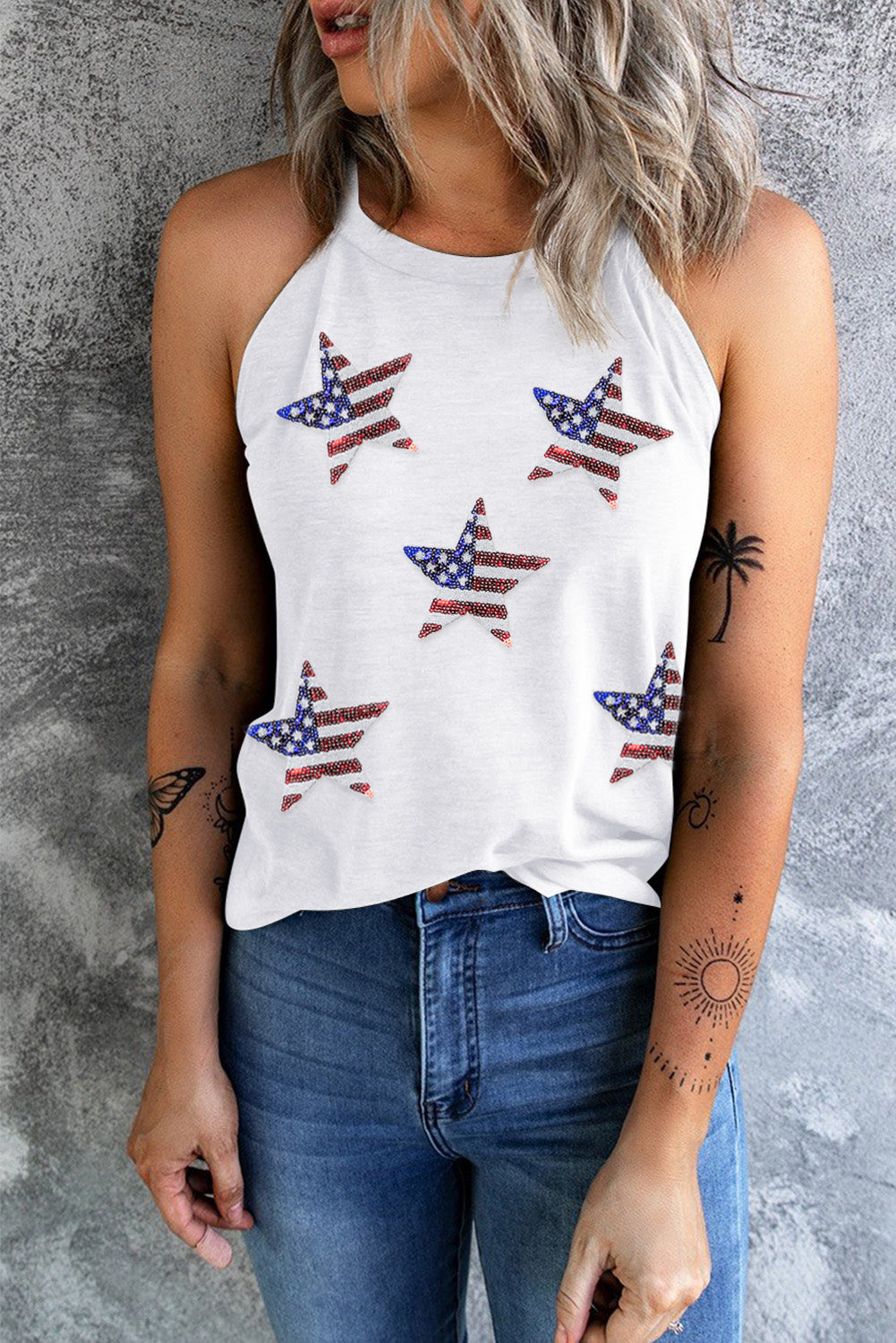 Sequin US Flag Star Grecian Neck Tank apparel & accessories