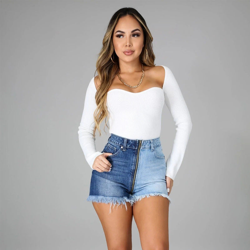 Summer Long Zipper Slimming High Waist Denim Shorts apparel & accessories