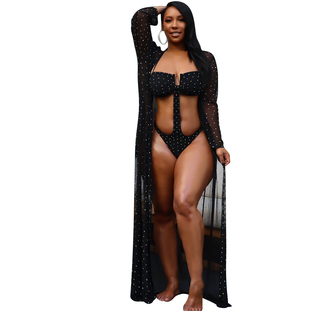 Women's Mesh See-Through Hot Drilling Long Sleeve Swimsuit Cape apparel & accessories