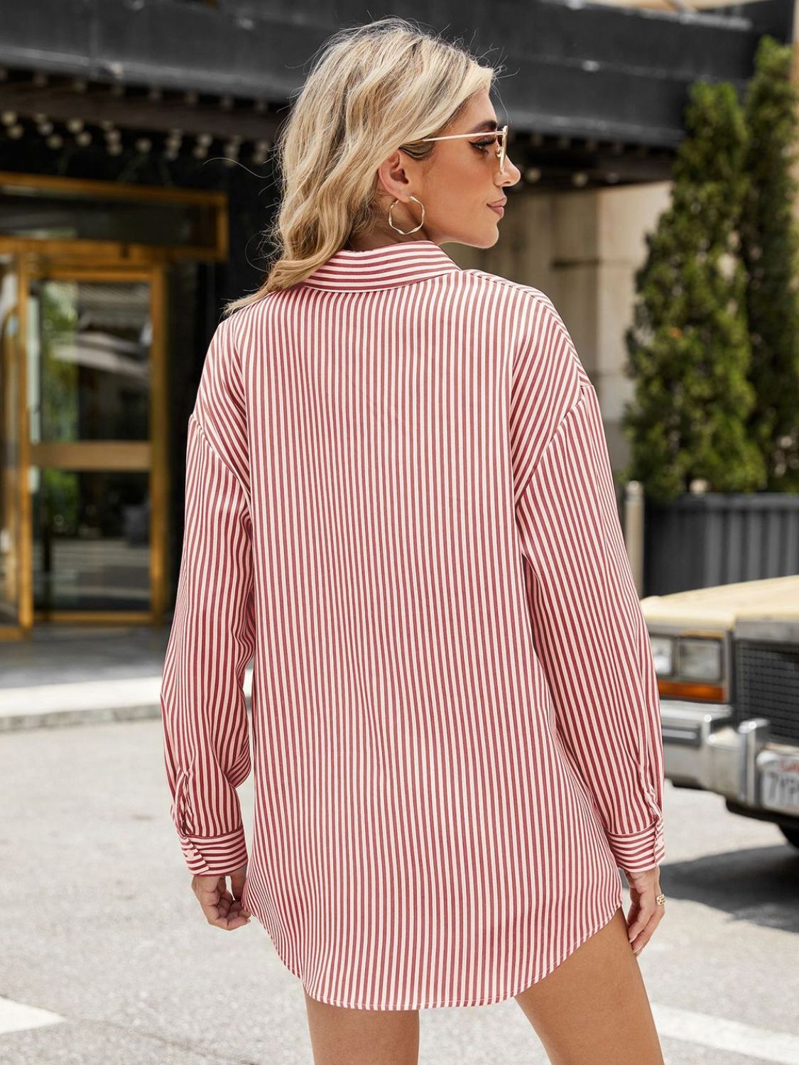 Pocketed Striped Collared Neck Long Sleeve Shirt Dresses & Tops