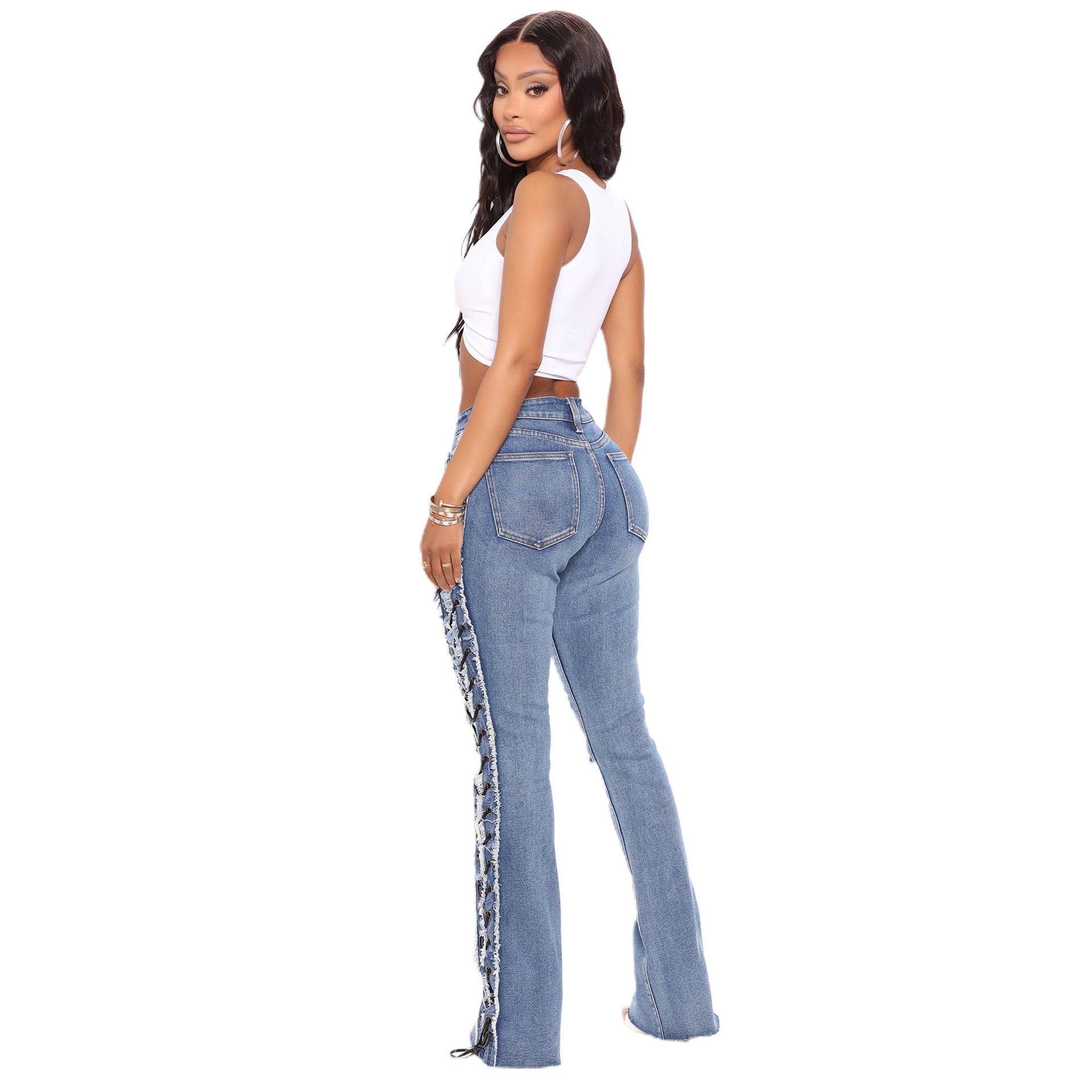 Eyelet Rope High Elasticity Slim Fit Ripped Denim Trousers apparel & accessories