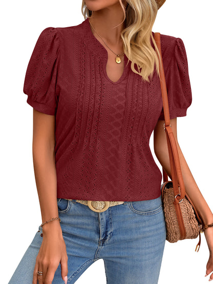 Solid Color V-neck Puff Short-sleeved T-shirt apparel & accessories