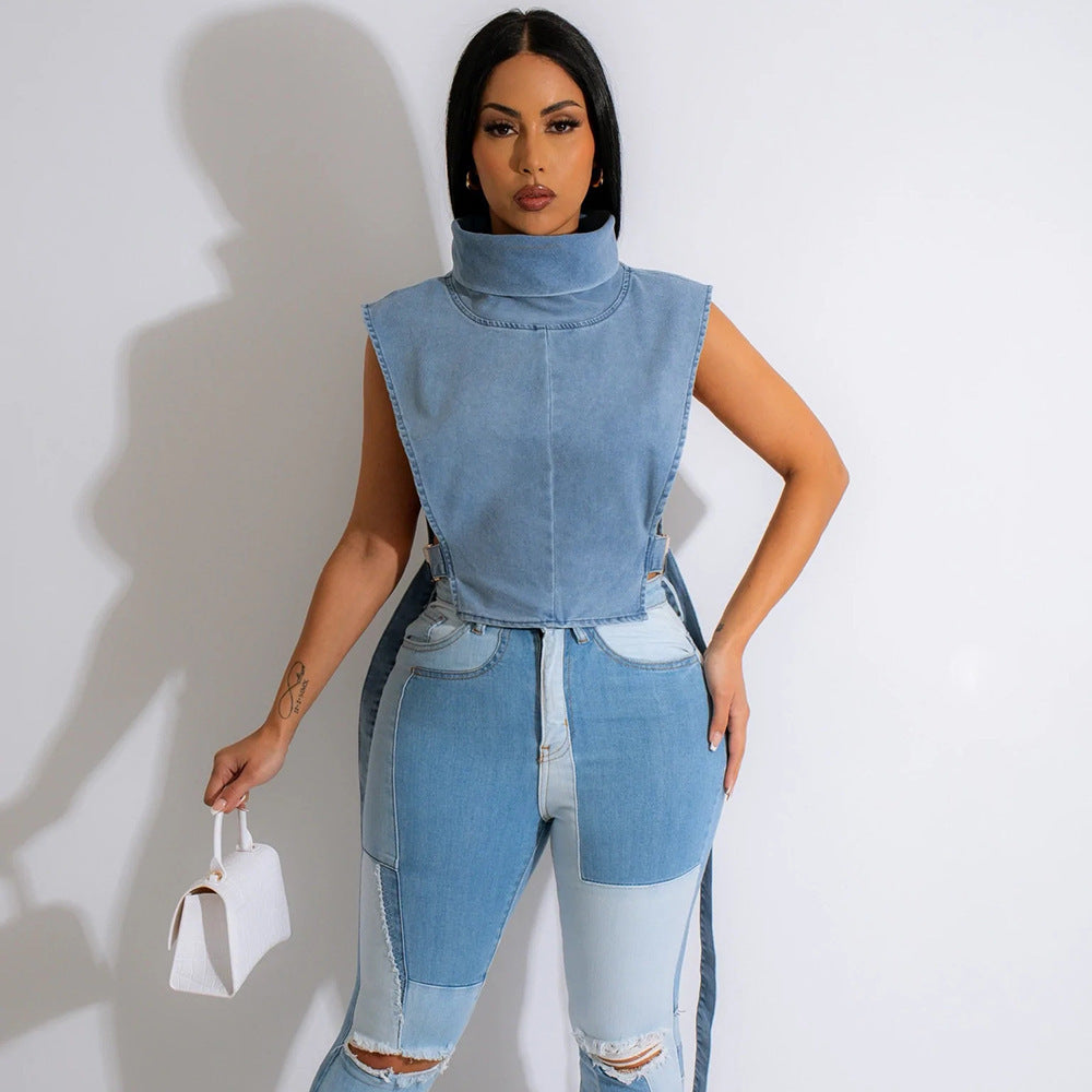 Lace-up Turtleneck Wash Sleeveless Denim Short Vest apparel & accessories