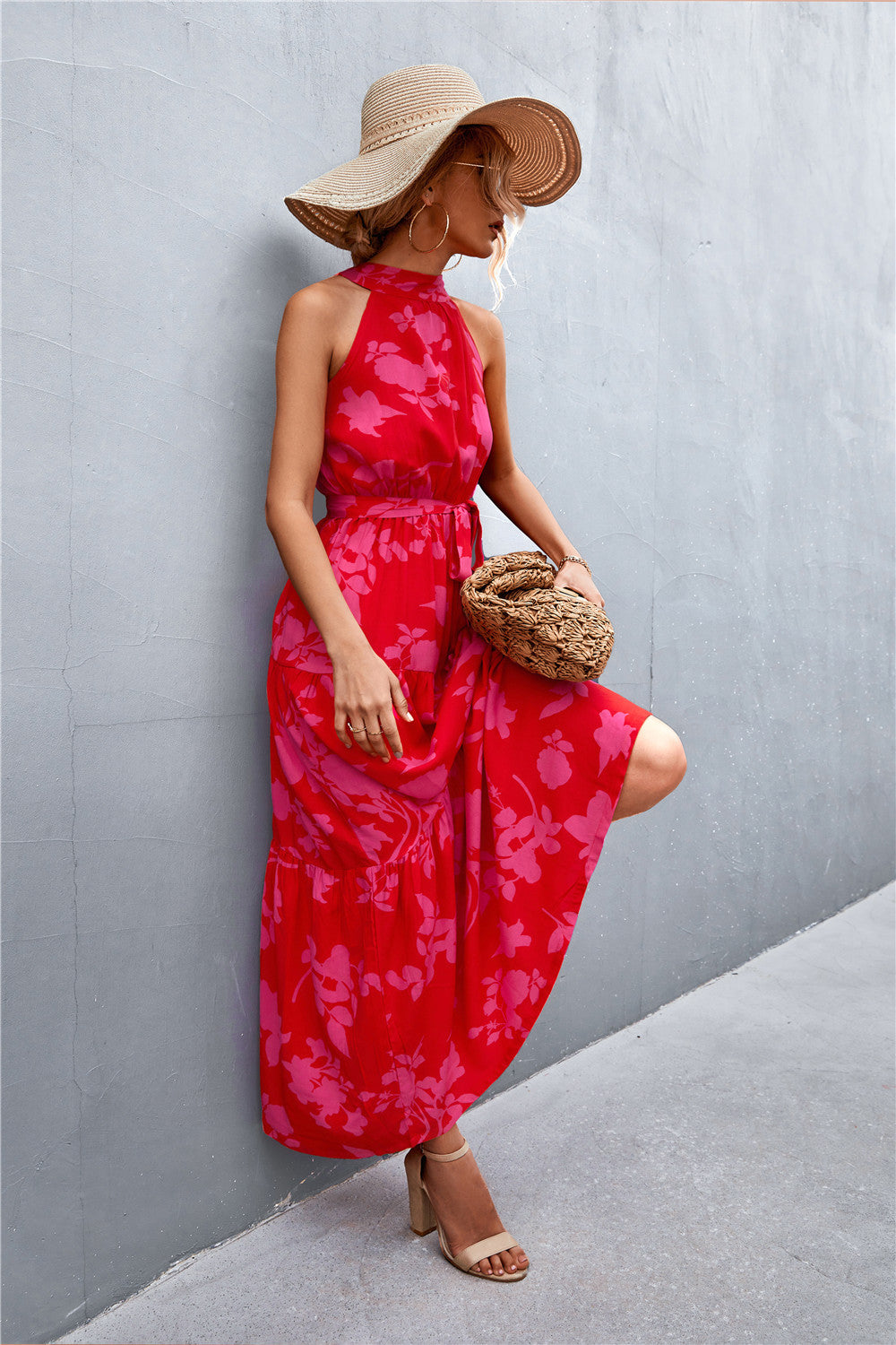 Printed Sleeveless Tie Waist Maxi Dress apparel & accessories