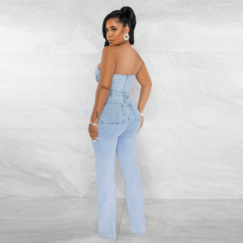 Women's V-Neck Denim With Hole Zip Pocket Jumpsuit apparel & accessories