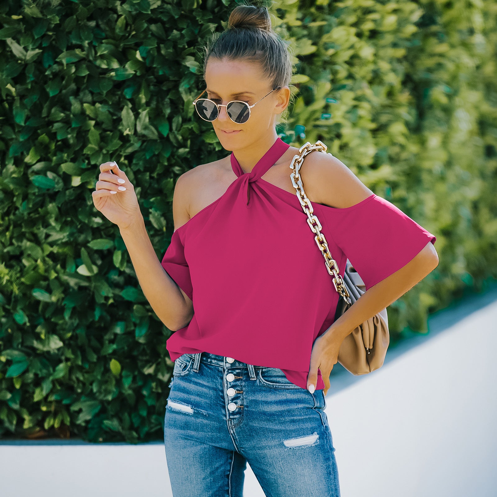 Women's Half-Sleeve Solid Color Off-the-Shoulder Top apparel & accessories