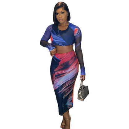 Printed Top Long Sleeve Backless Lace-up Sheath Skirt Suit Skirt Two-piece Suit apparel & accessories