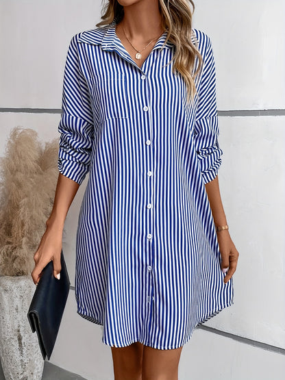 Striped Button Up Long Sleeve Mini Shirt Dress apparel & accessories