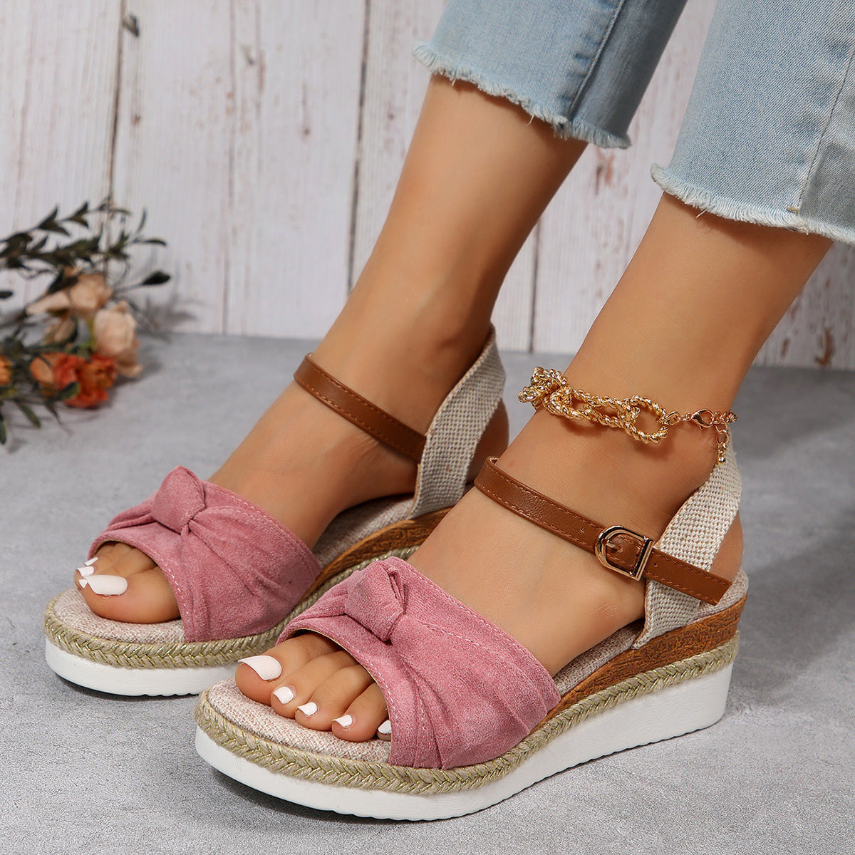 Thick-soled Bow Sandals Summer Fashion Casual Linen Buckle Wedges Shoes For Women Shoes & Bags