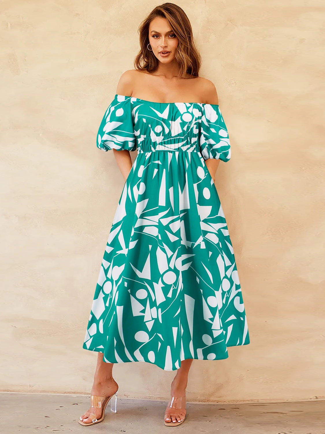 Printed Off-Shoulder Balloon Sleeve Dress apparel & accessories