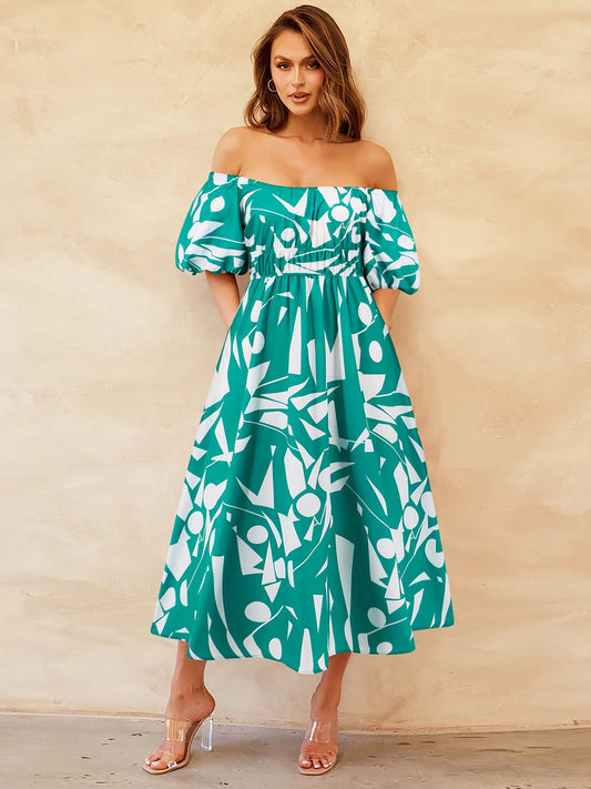 Printed Off-Shoulder Balloon Sleeve Dress apparel & accessories