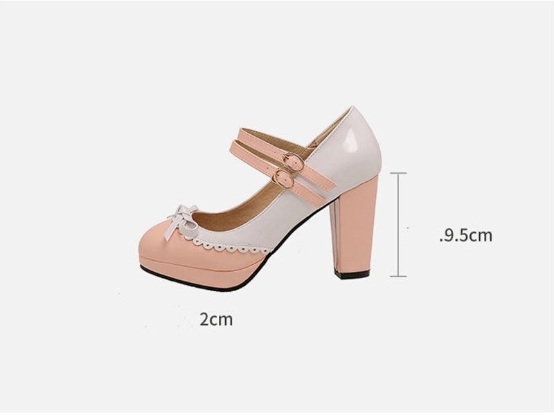 Round Toe Bowknot Color Matching Patent Leather Hollow Buckle High Heels Shoes & Bags