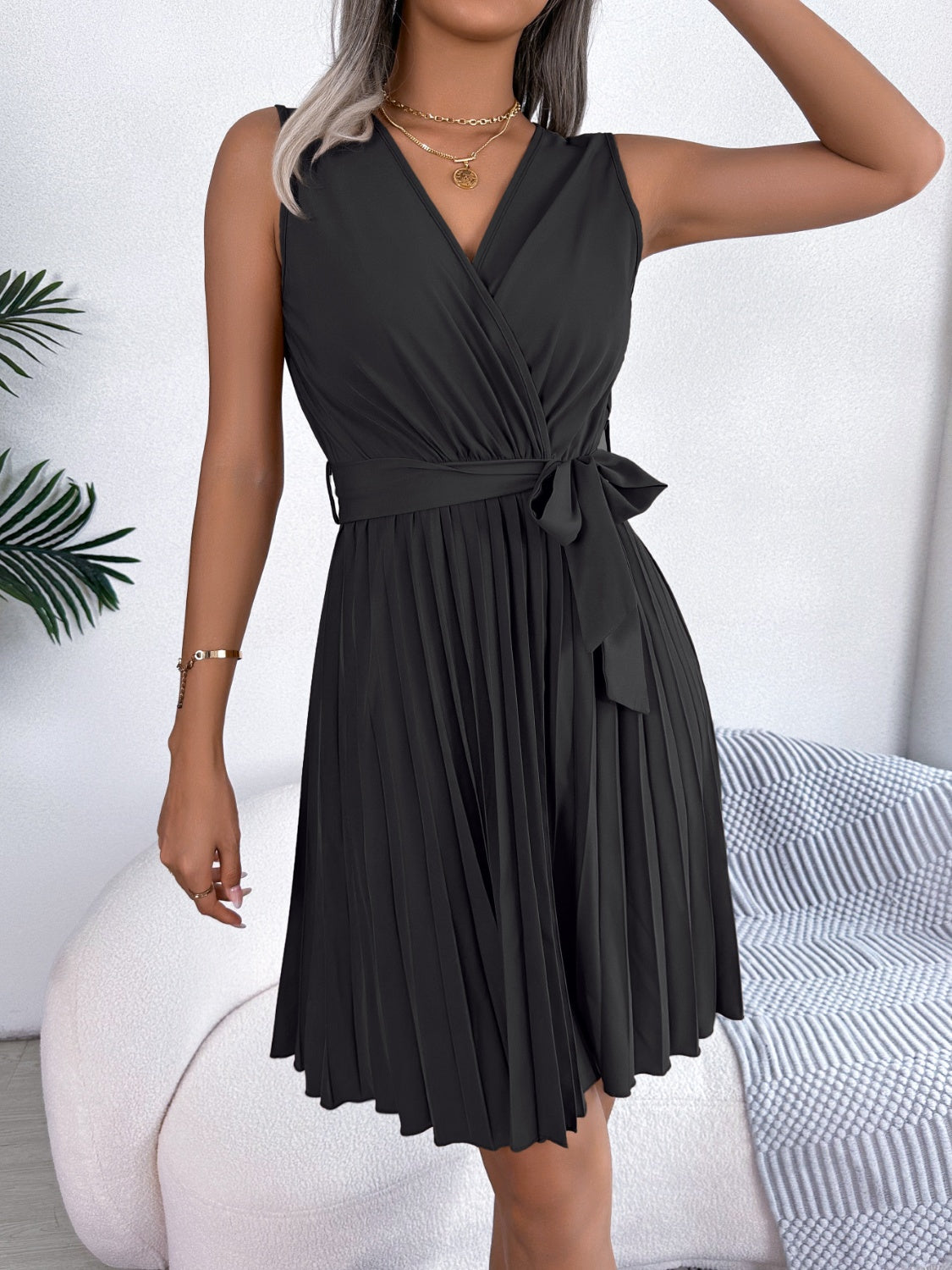 Tied Surplice Sleeveless Pleated Dress Dresses & Tops