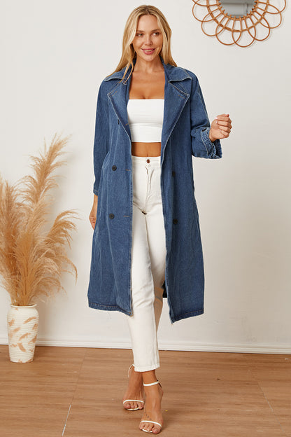 Double-Breasted Belted Longline Denim Jacket Dresses & Tops