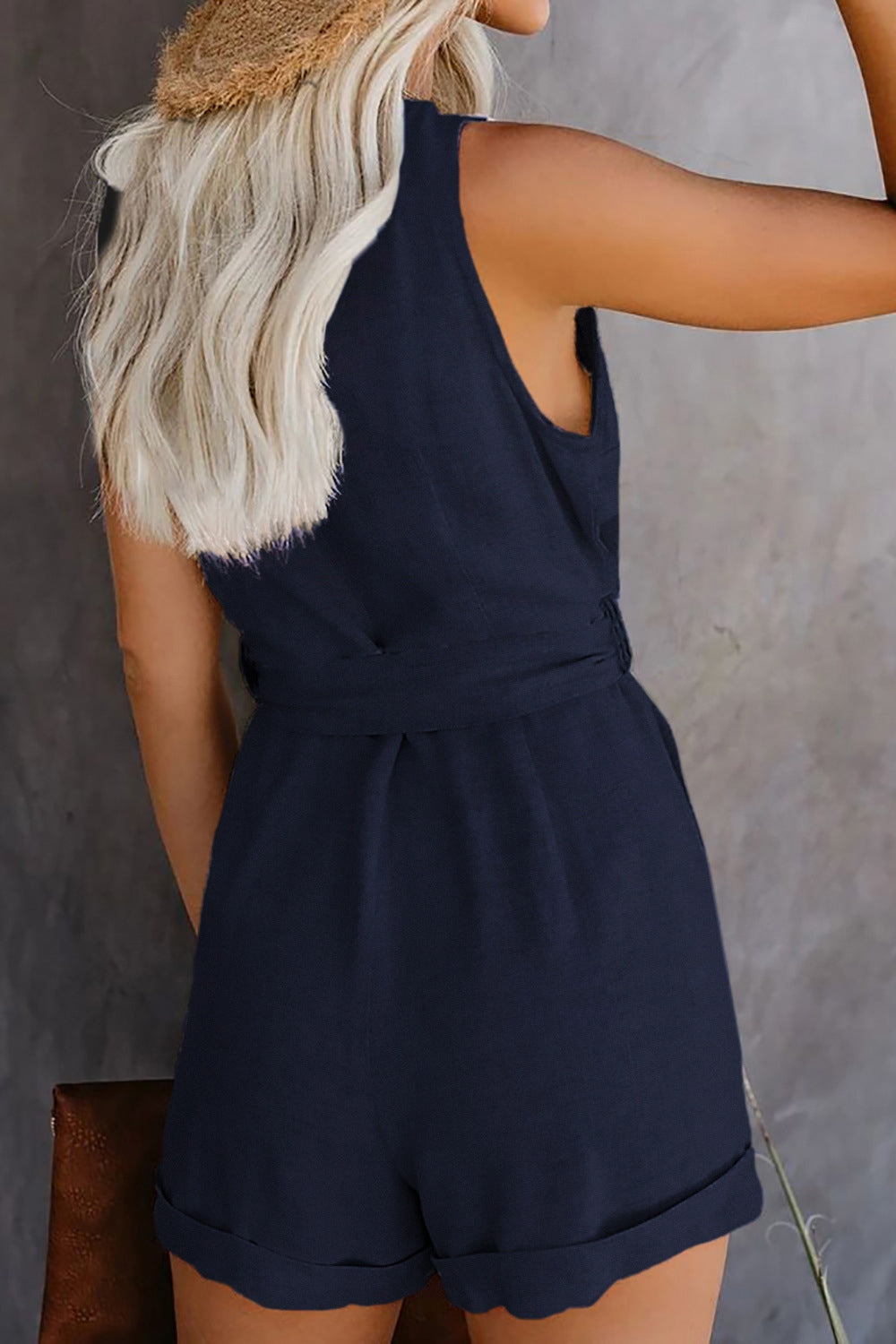 Full Size Tied V-Neck Sleeveless Romper with Pockets Dresses & Tops