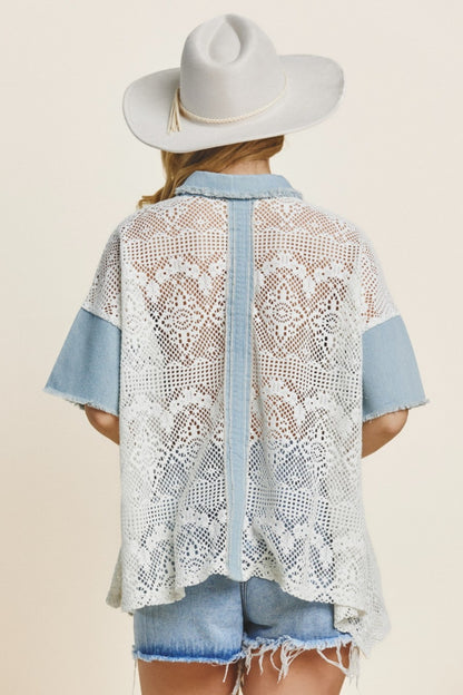 ODDI Button Up Short Sleeve Lace Shirt Dresses & Tops