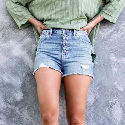 Stylish Breasted Shredded Stretch Jeans Shorts shorts