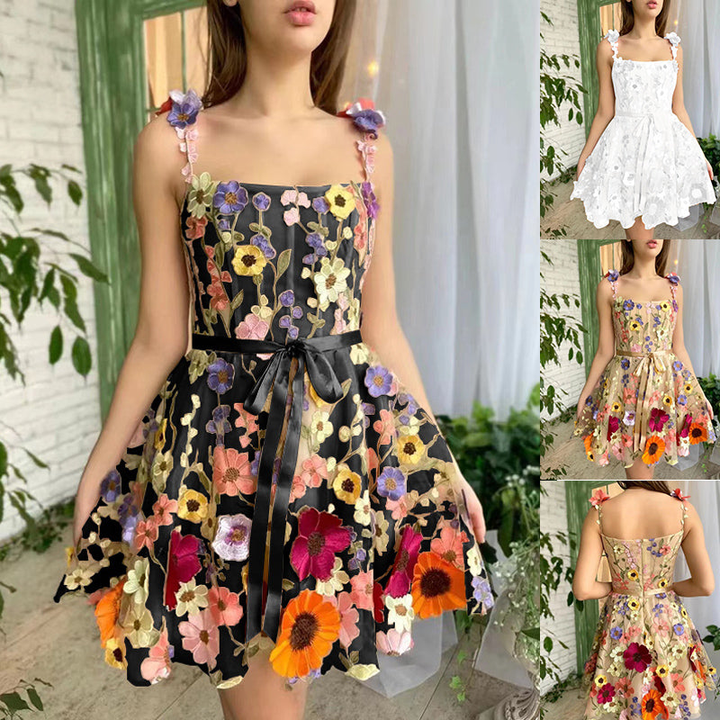 Three-dimensional Flower Embroidery Dress Summer Fashion Sweet A-line Suspender Dresses For Womens Clothing apparel & accessories