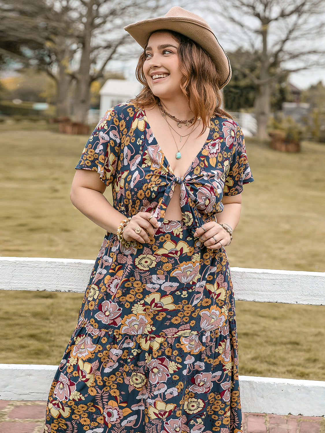 Plus Size Tied Printed Short Sleeve Midi Dress Dresses & Tops