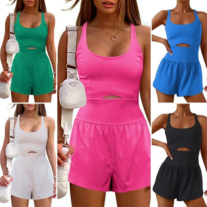 Women's Fashionable Elegant Yoga Shorts Hollow Cross Back Loose Comfortable Workout Clothes Vest Jumpsuit apparel & accessories