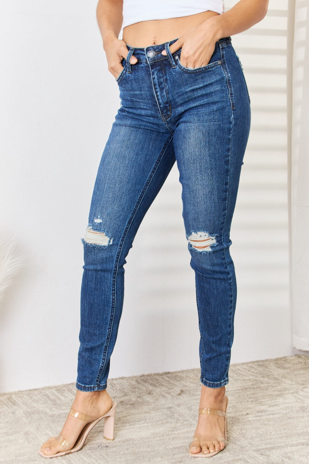 Judy Blue Full Size Mid Waist Distressed Slim Jeans apparel & accessories