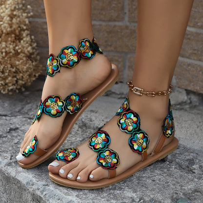 Ethnic Style Flowers Flat Sandals Summer Vacation Casual Clip Toe Beach Shoes For Women Shoes & Bags