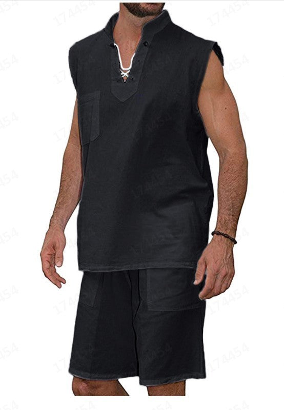 Men's Casual Solid Color Lace-Up Vest Two-Piece Set apparel & accessories
