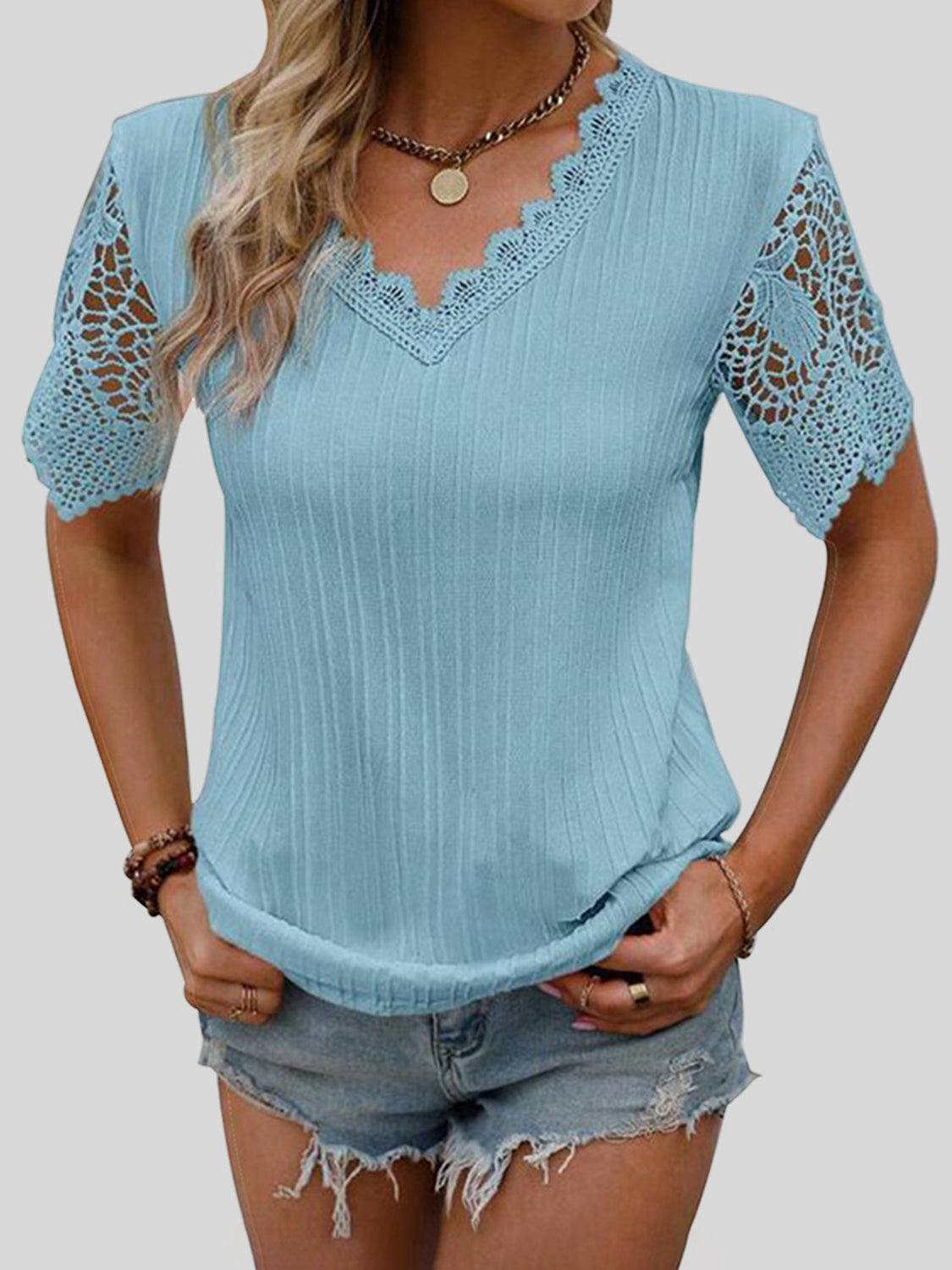 Lace Detail V-Neck Short Sleeve Blouse apparel & accessories