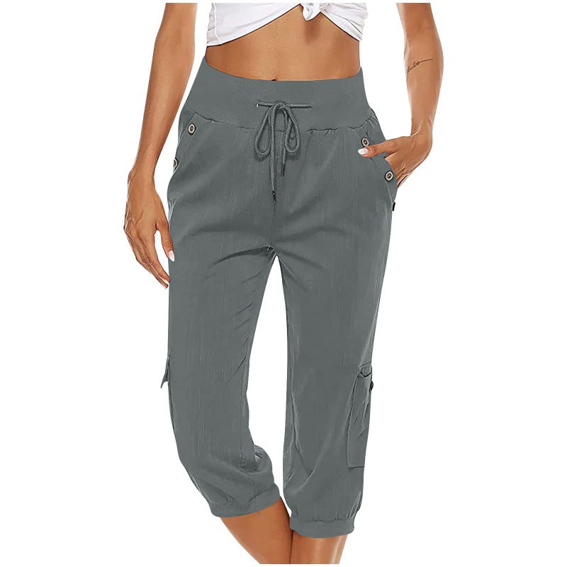 Women's Cropped Pants Cotton Linen Cargo Pocket Casual Pants apparels & accessories