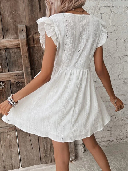 Eyelet Ruffled Cap Sleeve Mini Dress Dresses & Tops