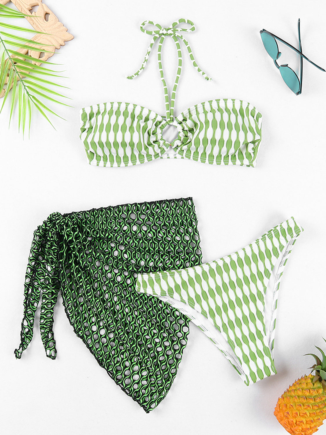 Geometric Halter Neck Three-Piece Swim Set apparels & accessories