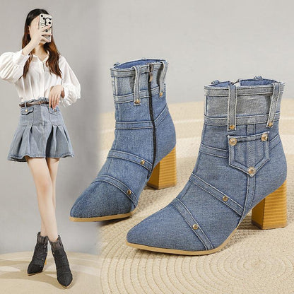 Denim Chunky Heel Martin Boots Women Shoes & Bags